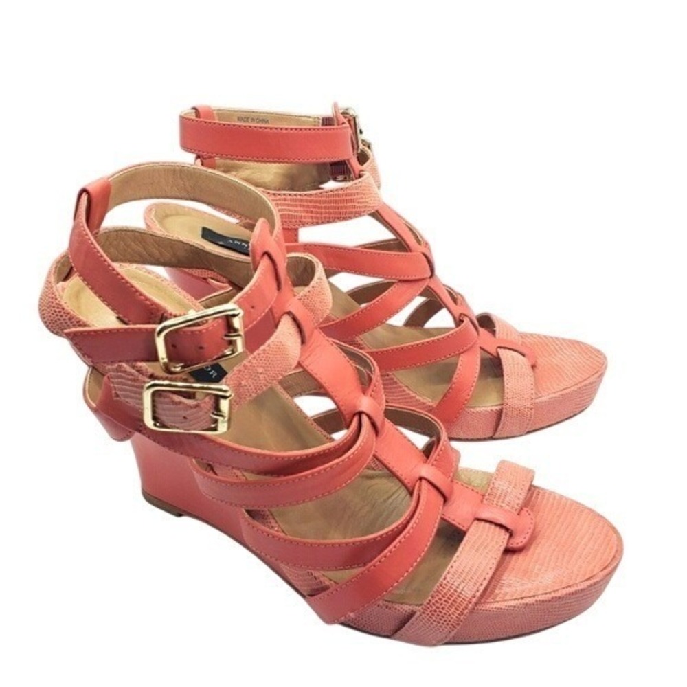 Ann‎ Taylor Leather Strappy Platform Wedge Sandals Two Tone Coral Size 8.5 8 1/2